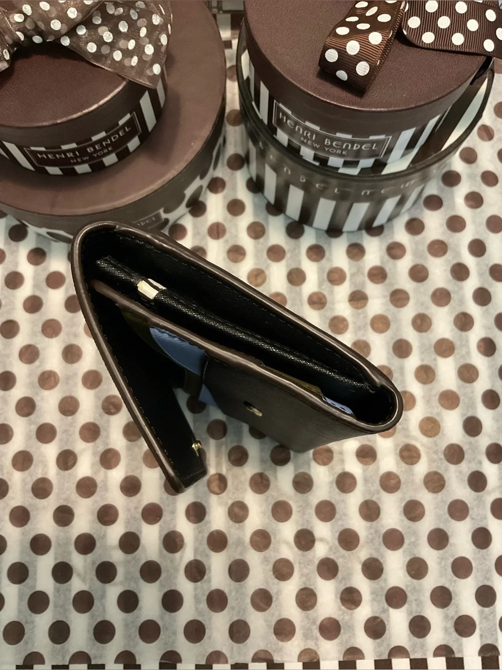 Henri Bendel West 57th Trifold Wallet Light Blue, Black and Olive w Dust Bag